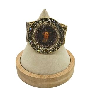 Statement Bracelet Chunky Gold Tone Amber Faux Stone Stretch